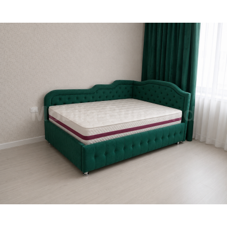 Pat copii de colț Amelia A-194 verde smarald cu tăblie tapițată și spațiu de dormit 90x200 cm